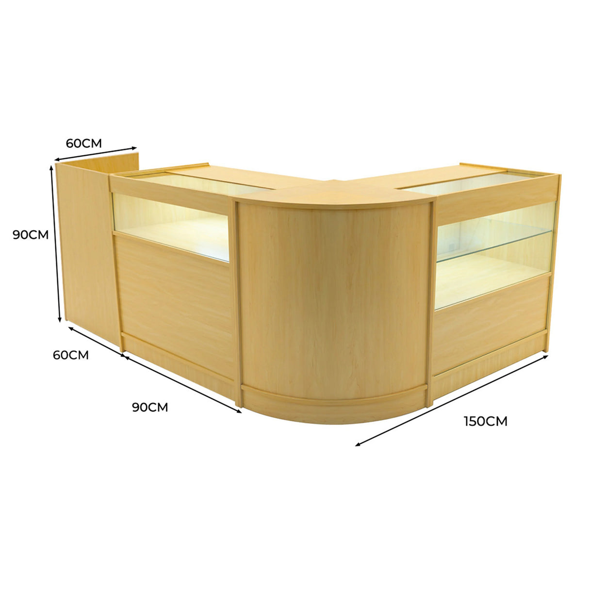 Gravity LED Shop Counter Set in maple finish, featuring a sleek, curved design with glass display sections and integrated lighting