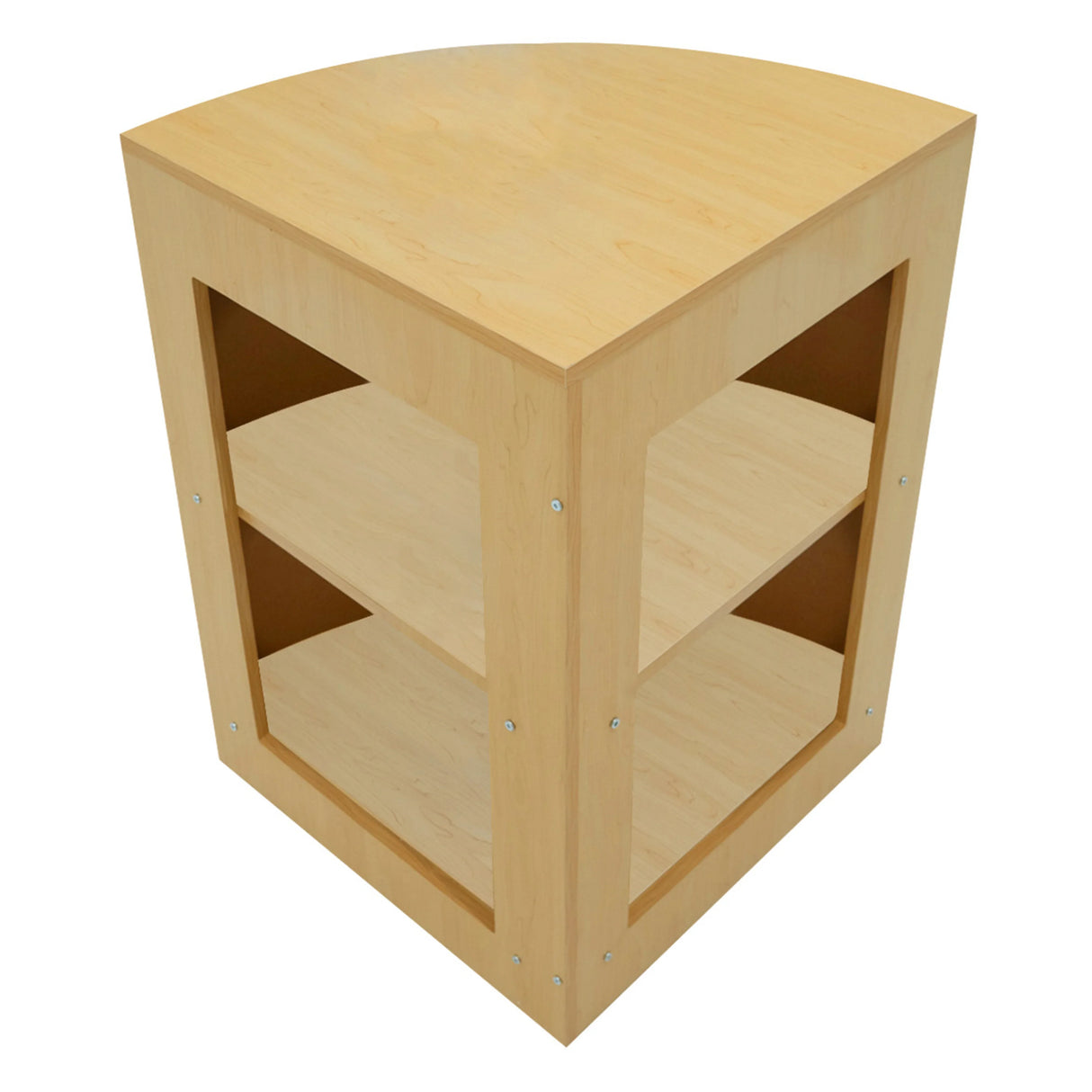 Gravity LED Shop Counter Set in maple finish, featuring a curved design with two open shelves for display and storage