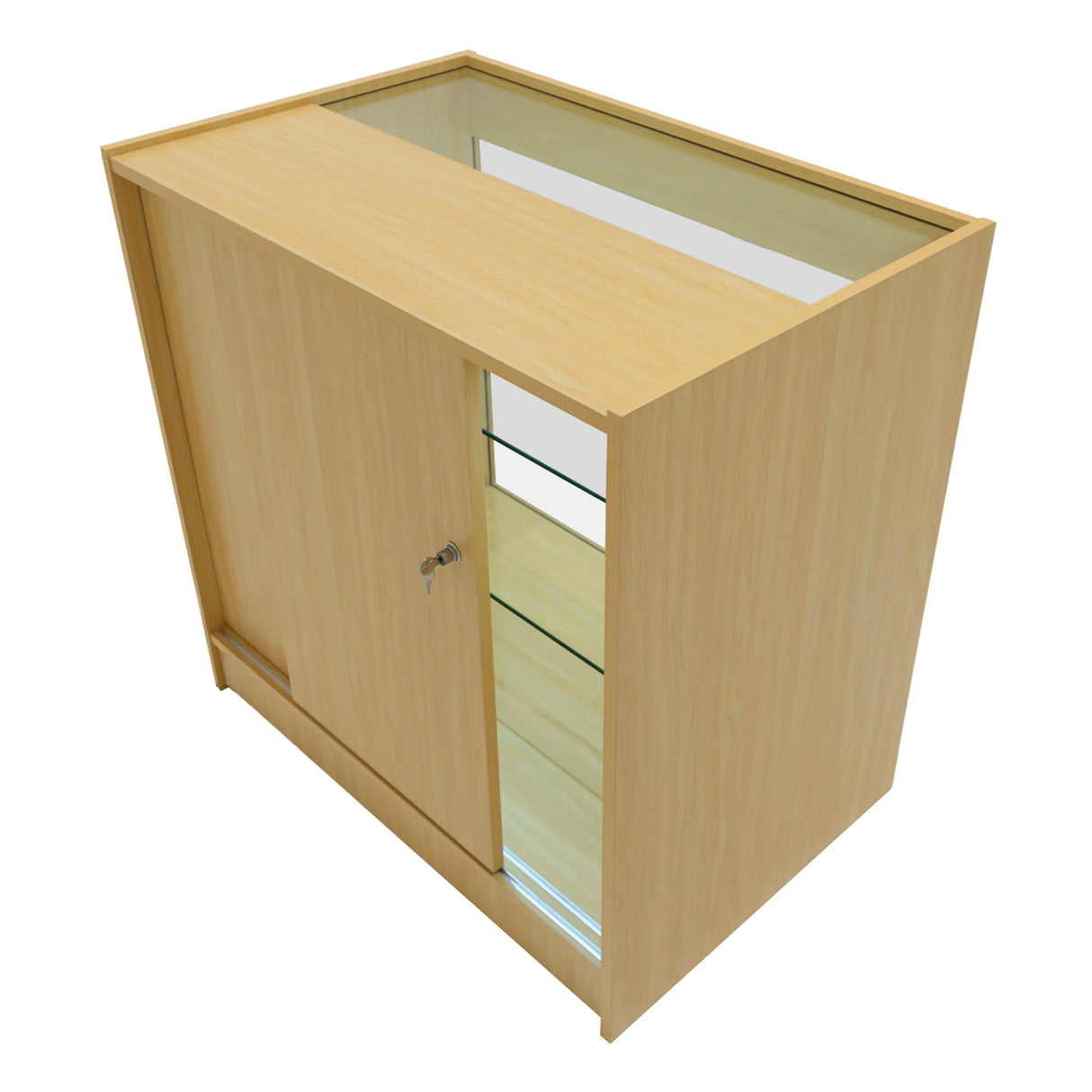 Vega LED Shop Counter Set in maple finish, featuring a sleek design, glass display top, and secure sliding door for storage