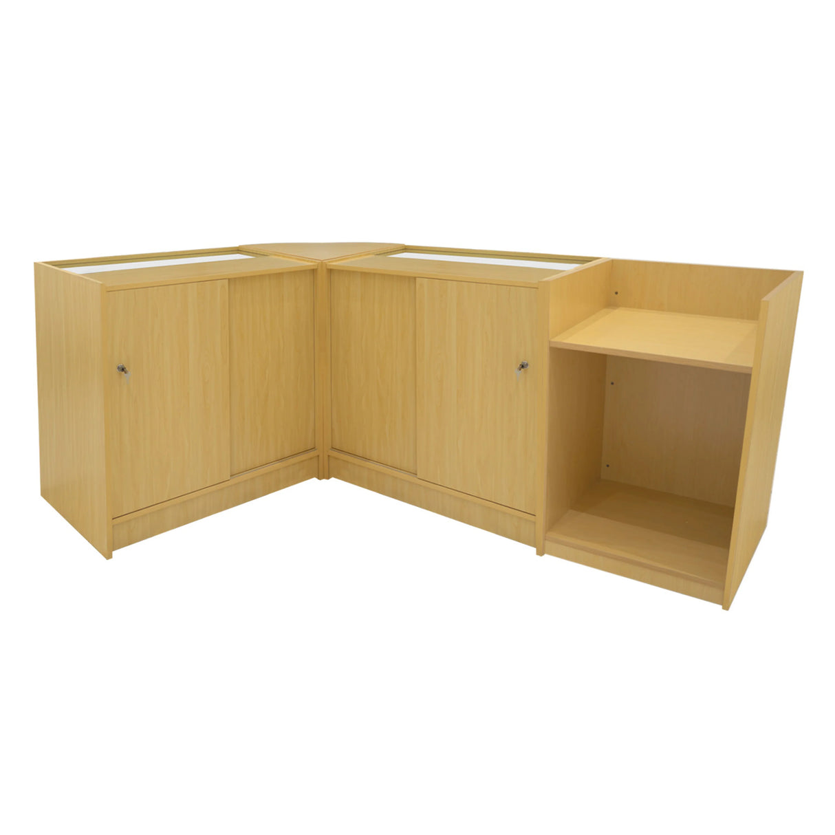 Vega LED Shop Counter Set in maple finish, featuring sleek lines, spacious storage cabinets, and a modern corner design for retail spaces