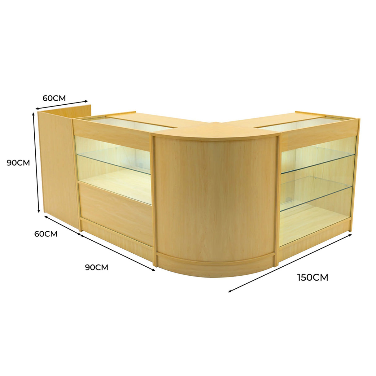 Vega LED Shop Counter Set in maple finish, featuring curved design, glass display shelves, and dimensions of 150cm x 90cm x 90cm