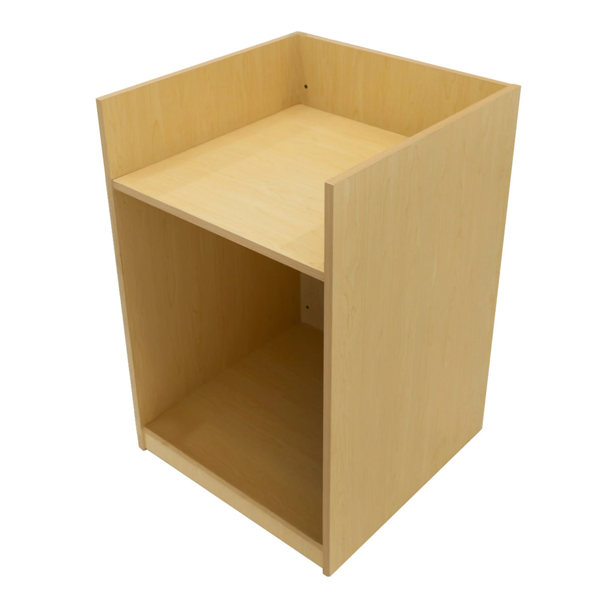 Vega LED shop counter set in maple finish, featuring a sleek, modern design with a spacious top and open storage below