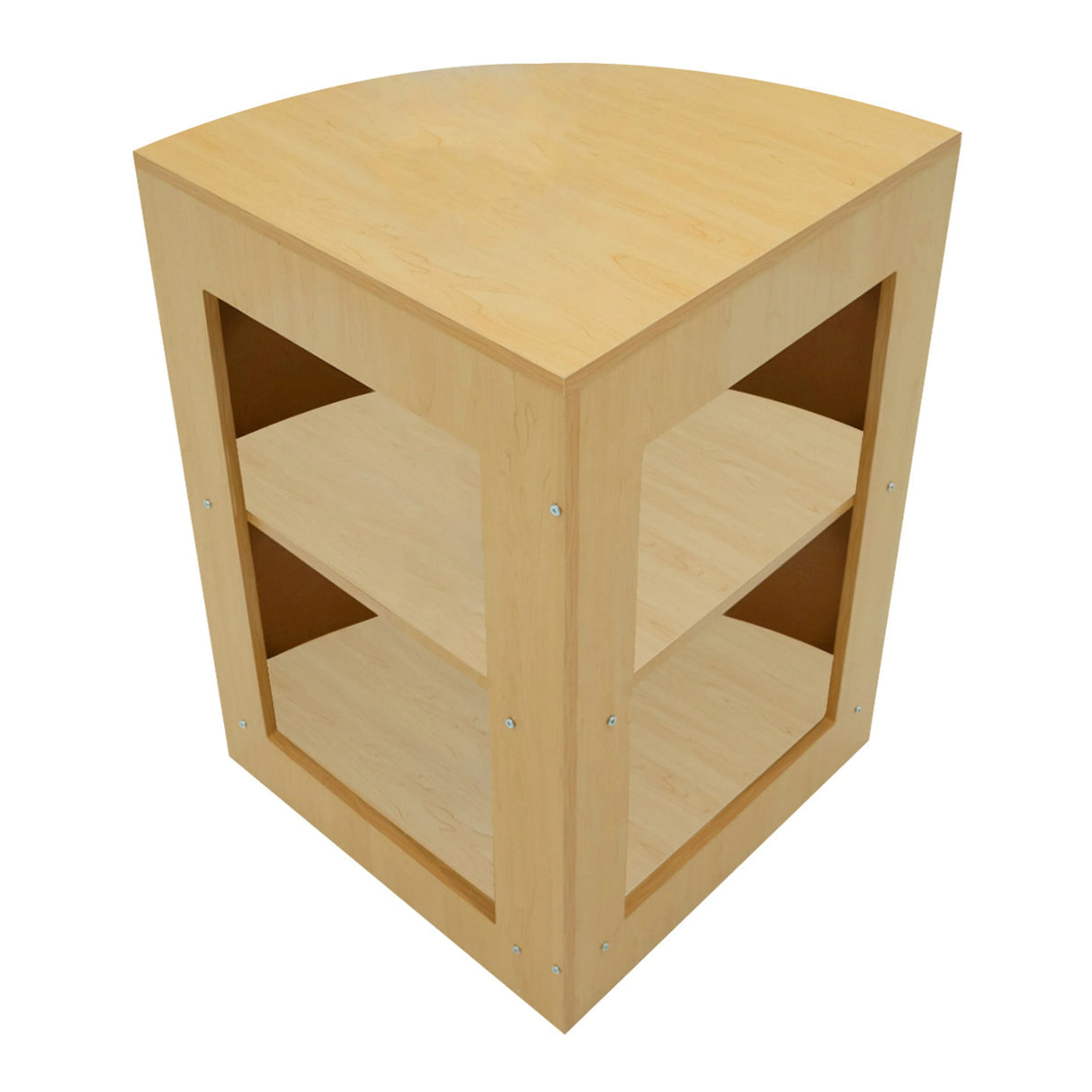 Vega LED Shop Counter Set in maple finish, featuring a curved top, open shelving, and a sleek, modern design for retail spaces