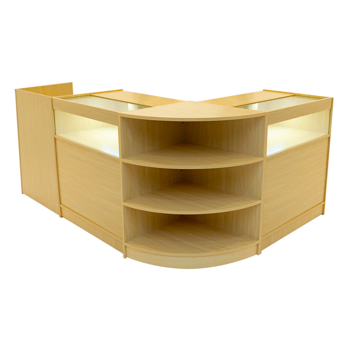 Sagittarius LED Shop Counter Set in maple finish, featuring curved design, glass display tops, and multiple shelves for storage