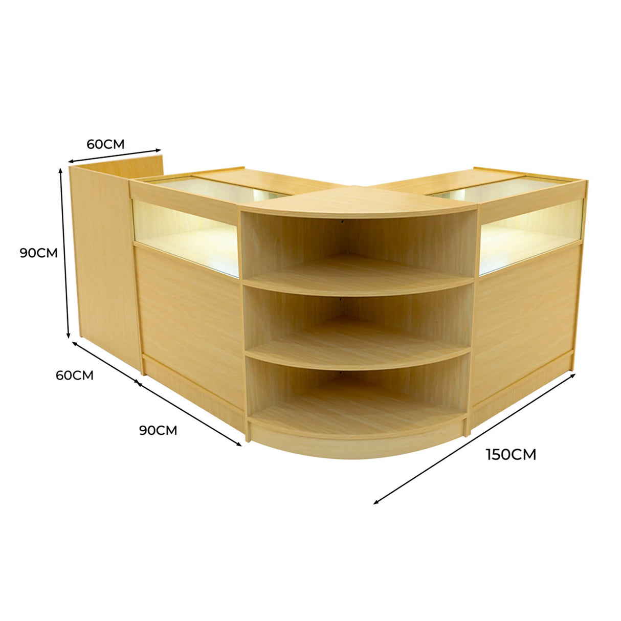 Sagittarius LED Shop Counter Set in maple finish, featuring two display sections, rounded edges, and integrated lighting for visibility