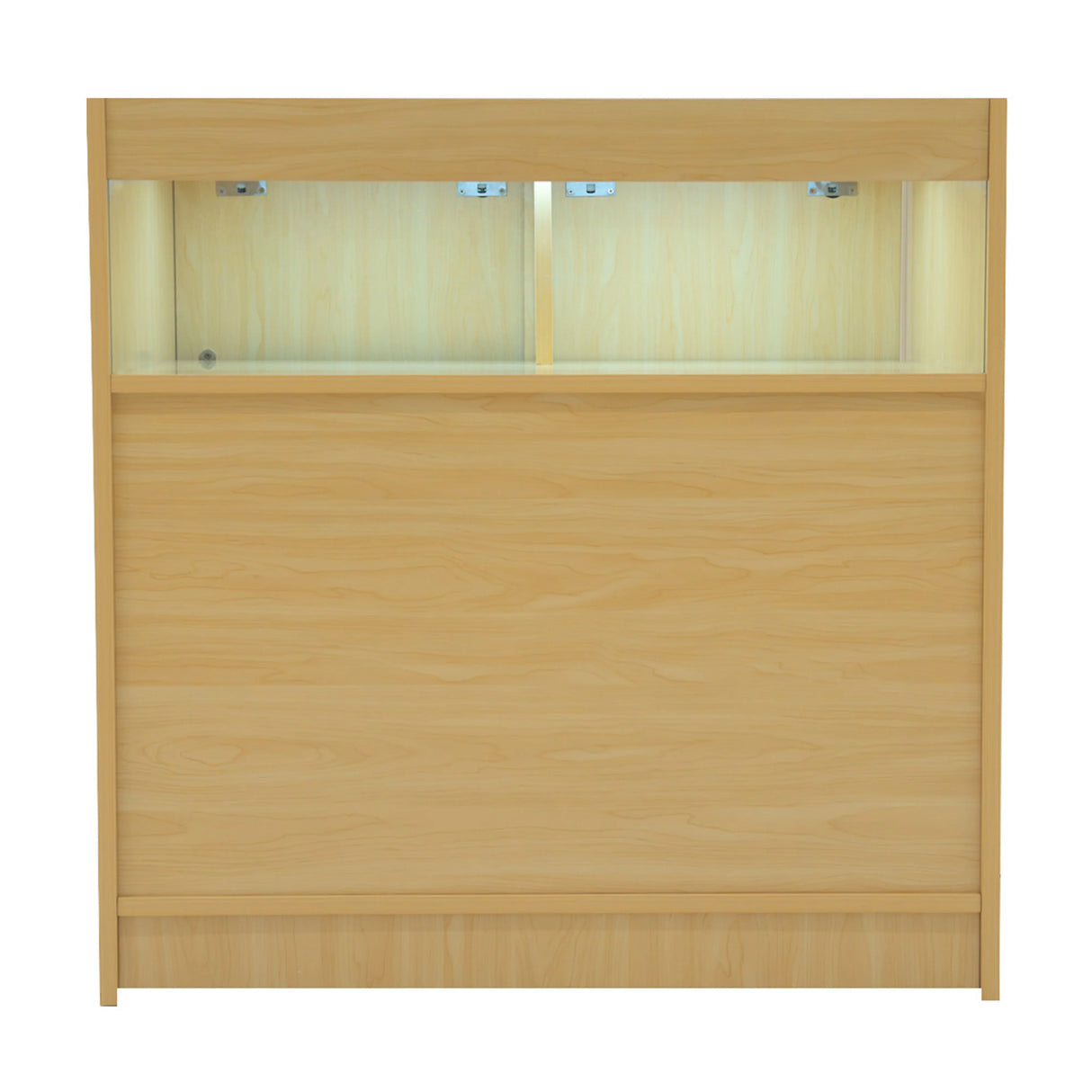Sagittarius LED Shop Counter Set in maple finish, featuring a sleek design with illuminated display shelves and smooth texture