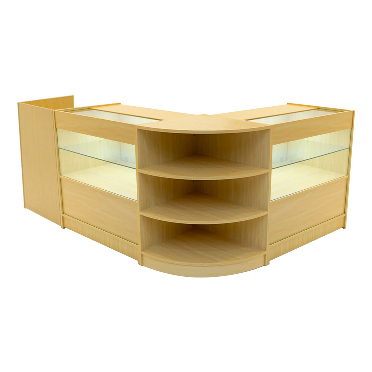 Eclipse LED Shop Counter Set in maple finish, featuring curved shelves, glass display sections, and modern design for retail use
