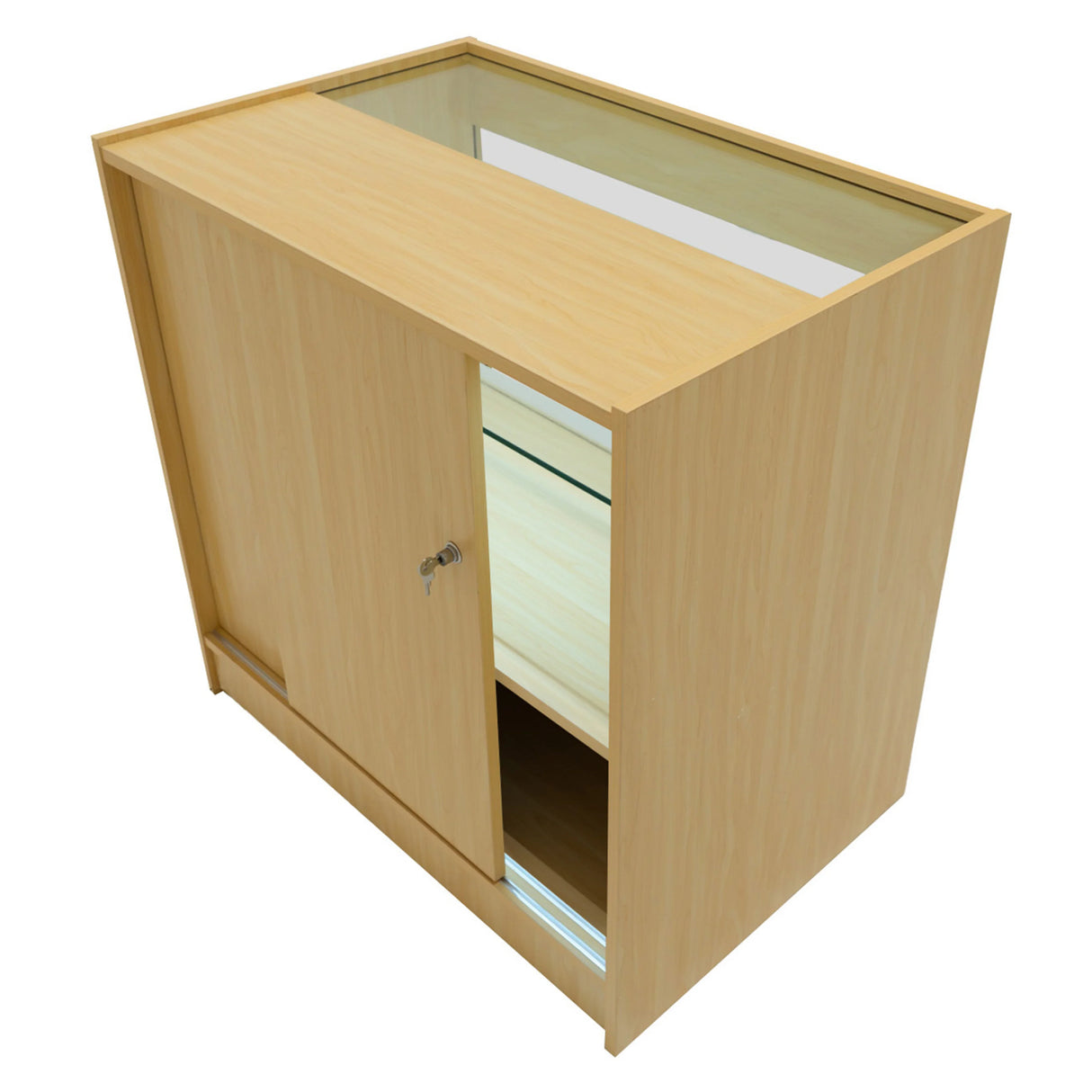 Eclipse LED Shop Counter Set in maple finish, featuring a sleek design, glass top, and a secure locking door for storage