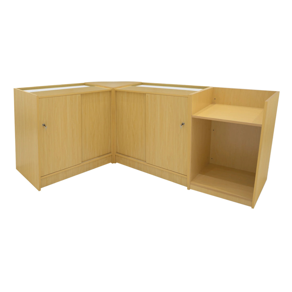 Eclipse LED Shop Counter Set in maple finish, featuring two corner units with smooth surfaces, sleek design, and ample storage space