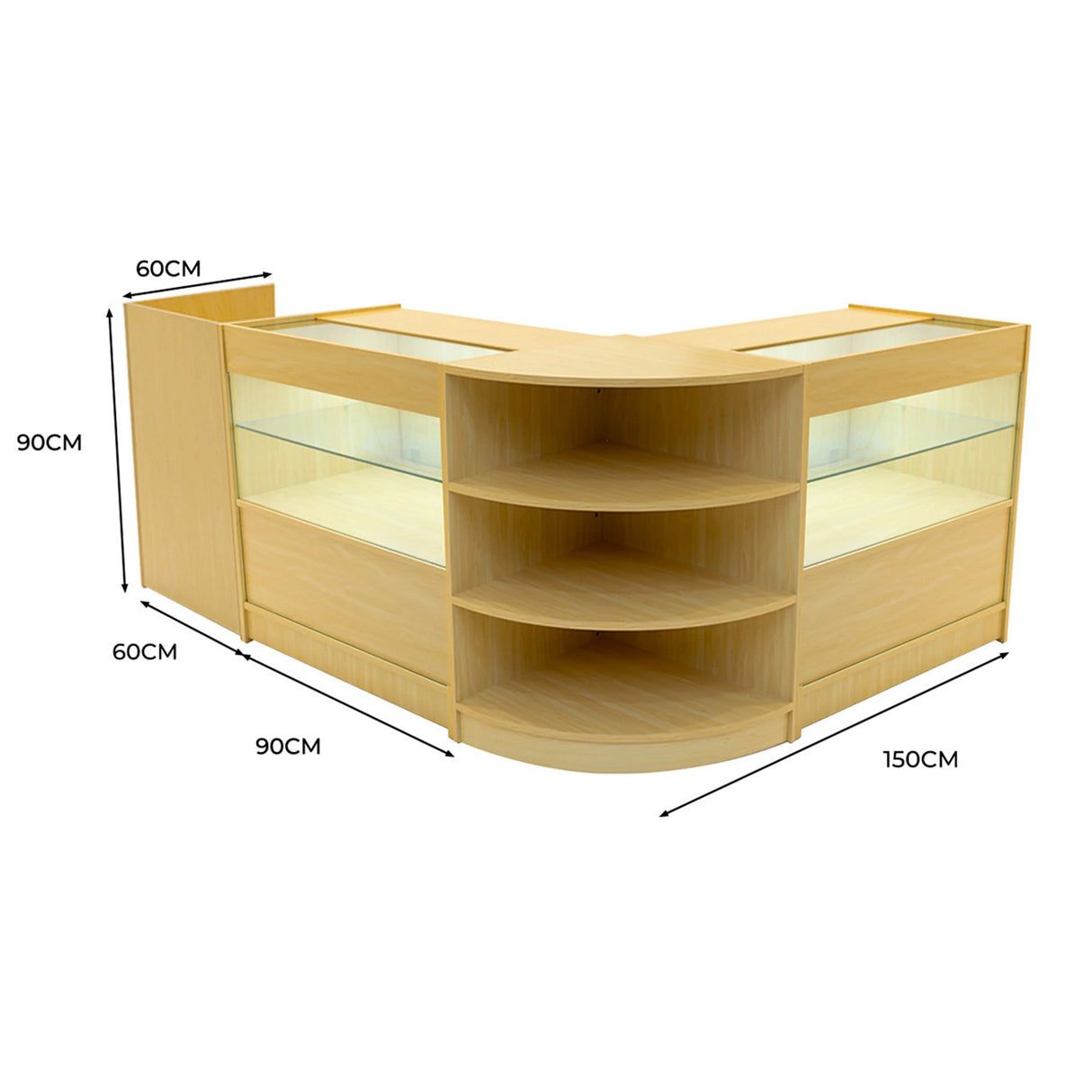 Eclipse LED Shop Counter Set in maple finish, featuring curved design, glass display shelves, and ample storage space for retail use