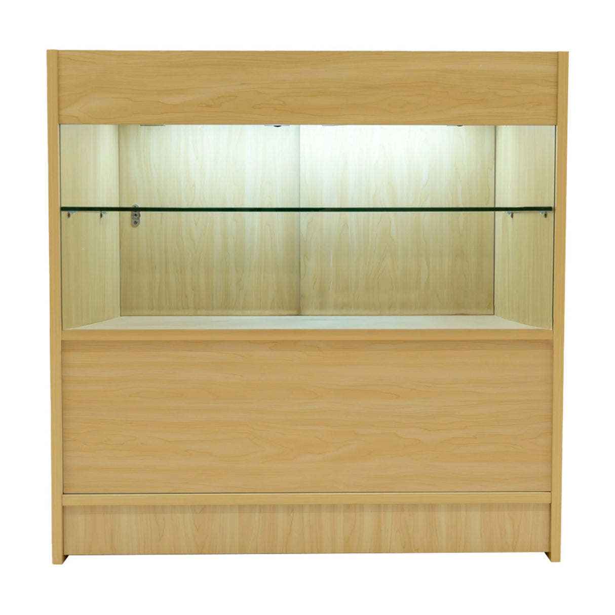 Eclipse LED Shop Counter Set in maple wood finish, featuring a glass display shelf and illuminated interior for showcasing products
