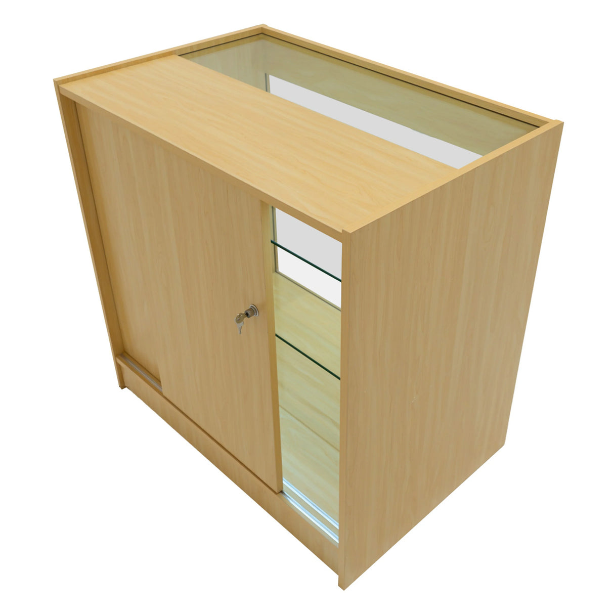 Astro LED Shop Counter Set in maple finish, featuring a sleek design, glass display top, and a secure sliding door for storage