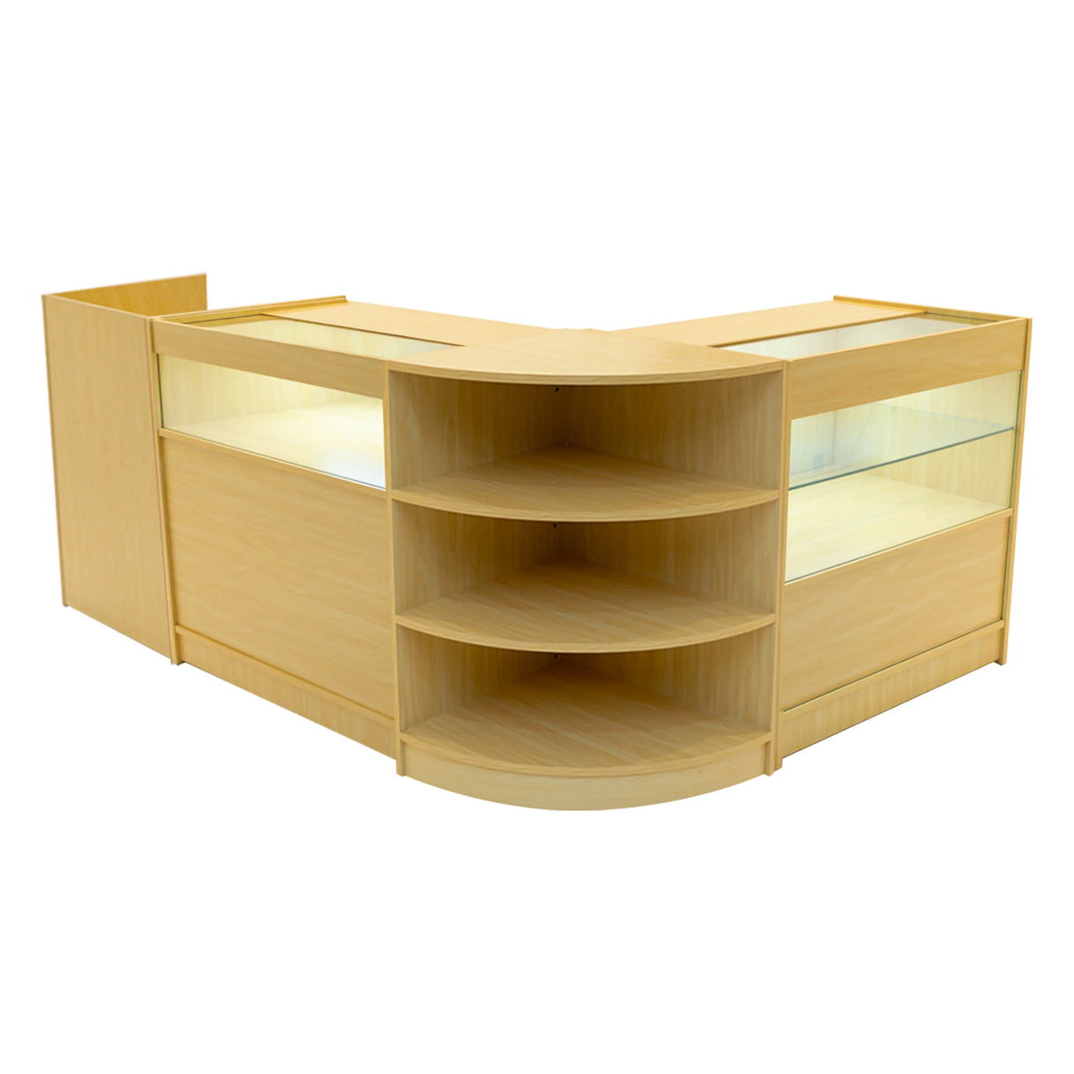 Europa LED Shop Counter Set in maple finish, featuring curved design, glass display areas, and open shelving for versatile storage