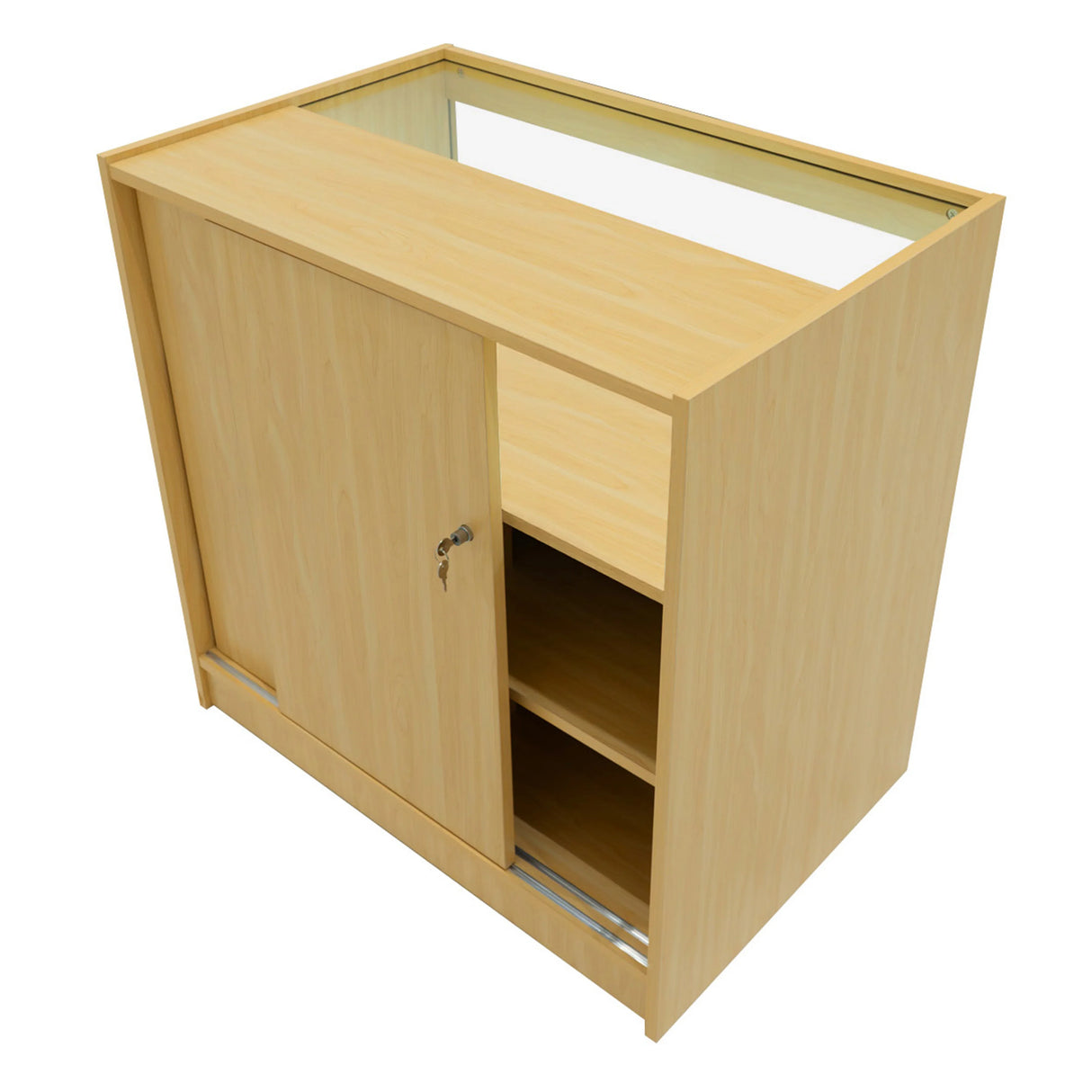 Europa LED Shop Counter Set in maple finish, featuring a sliding door, glass top, and open shelving for display and storage