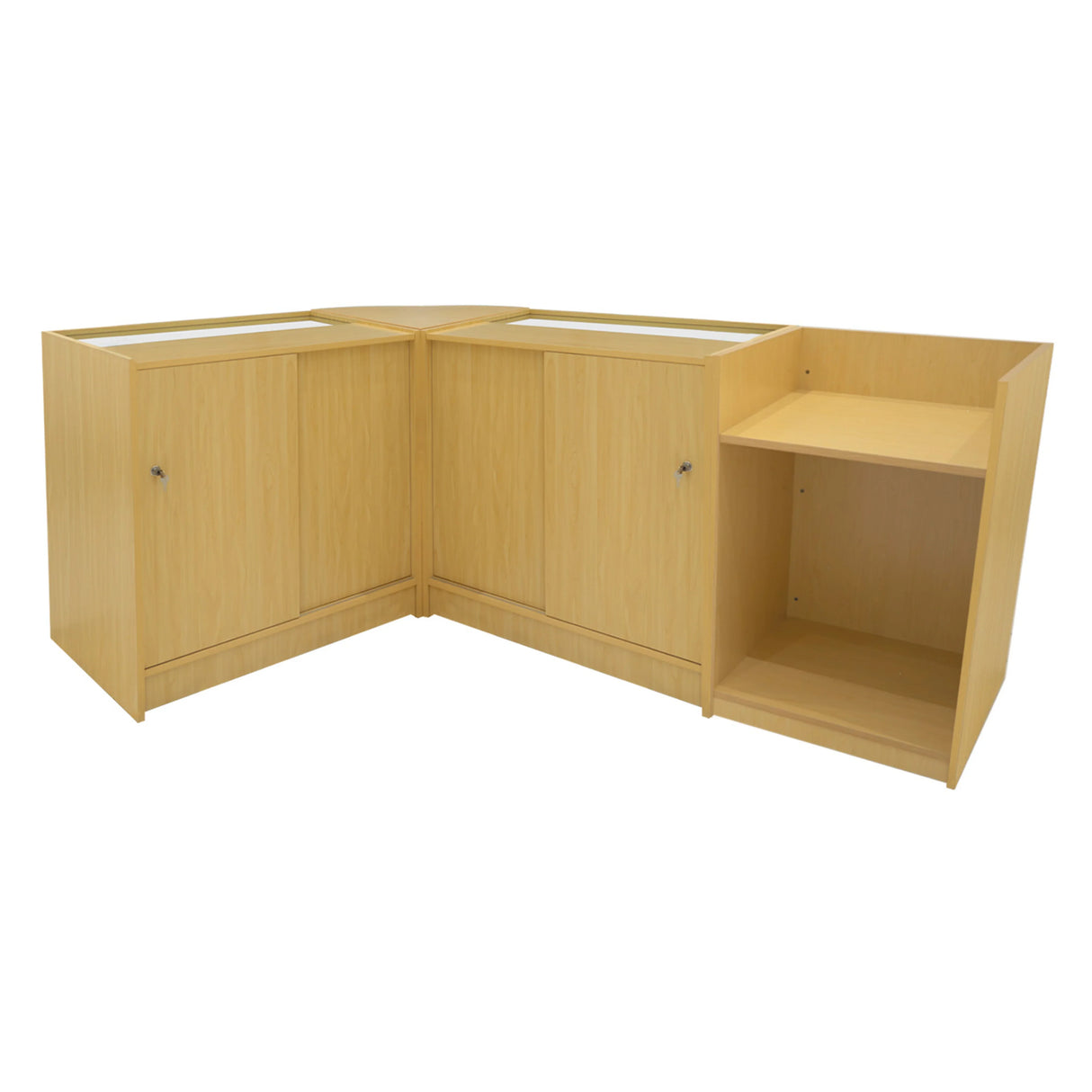Europa LED Shop Counter Set in maple finish, featuring sleek design, smooth surfaces, and ample storage space with open and closed sections