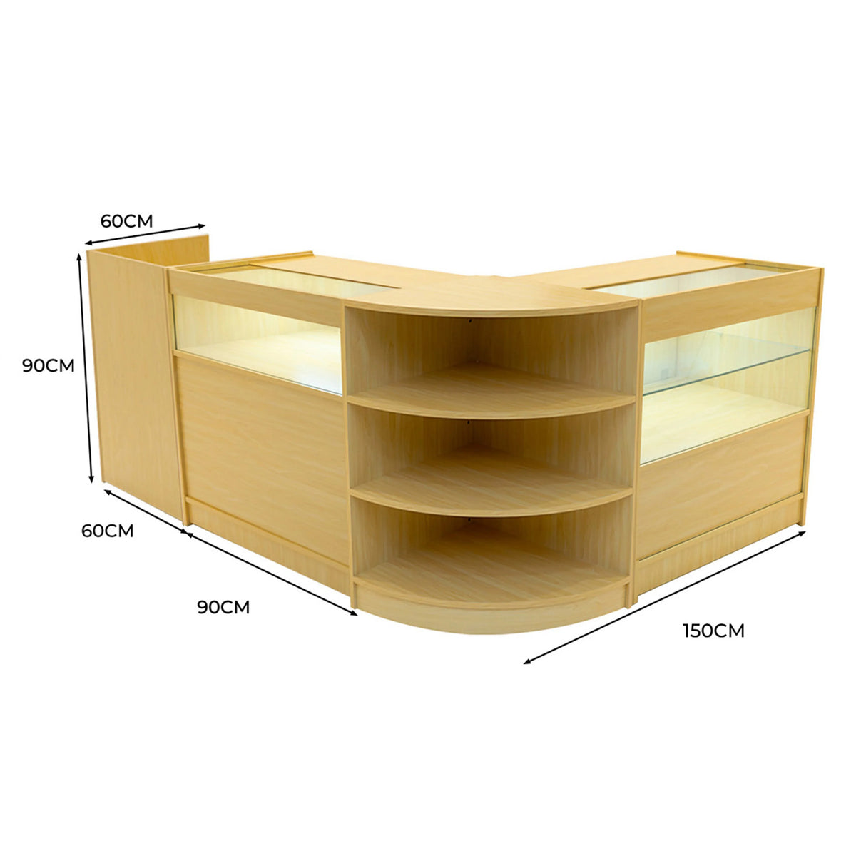 Europa LED Shop Counter Set in maple finish, featuring a modern design with glass display sections and ample storage space