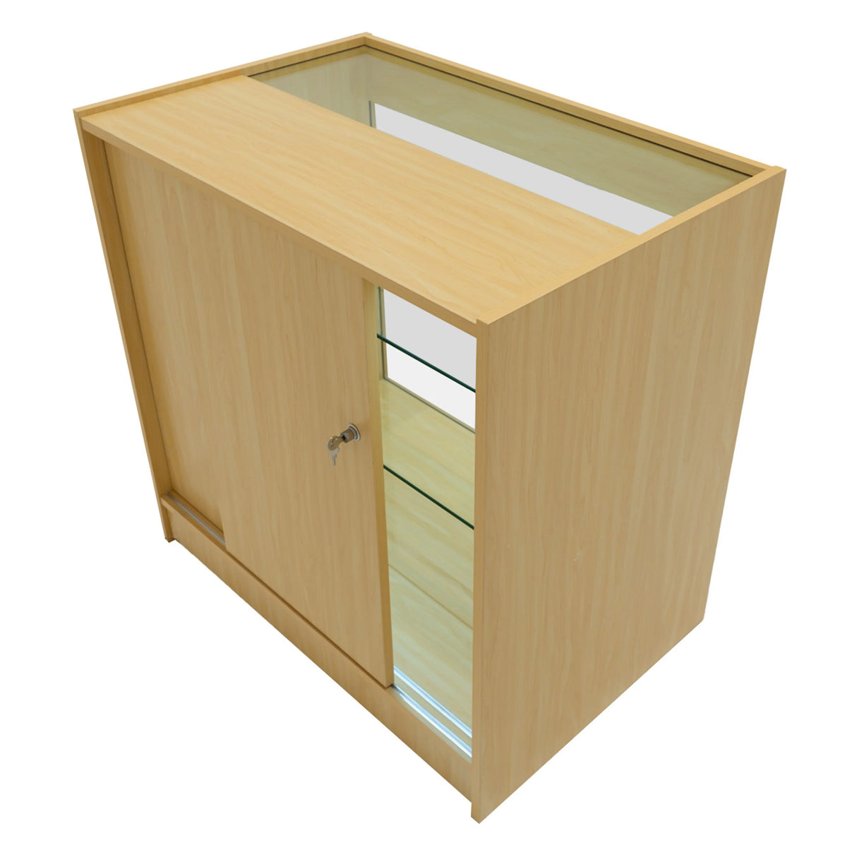 Maple wood LED shop counter set featuring a sleek design, glass top, and a secure sliding door for storage and display