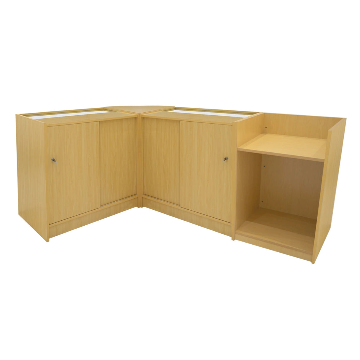 Maple Hyperion LED Shop Counter Set featuring a modern design with smooth surfaces, sleek lines, and ample storage space