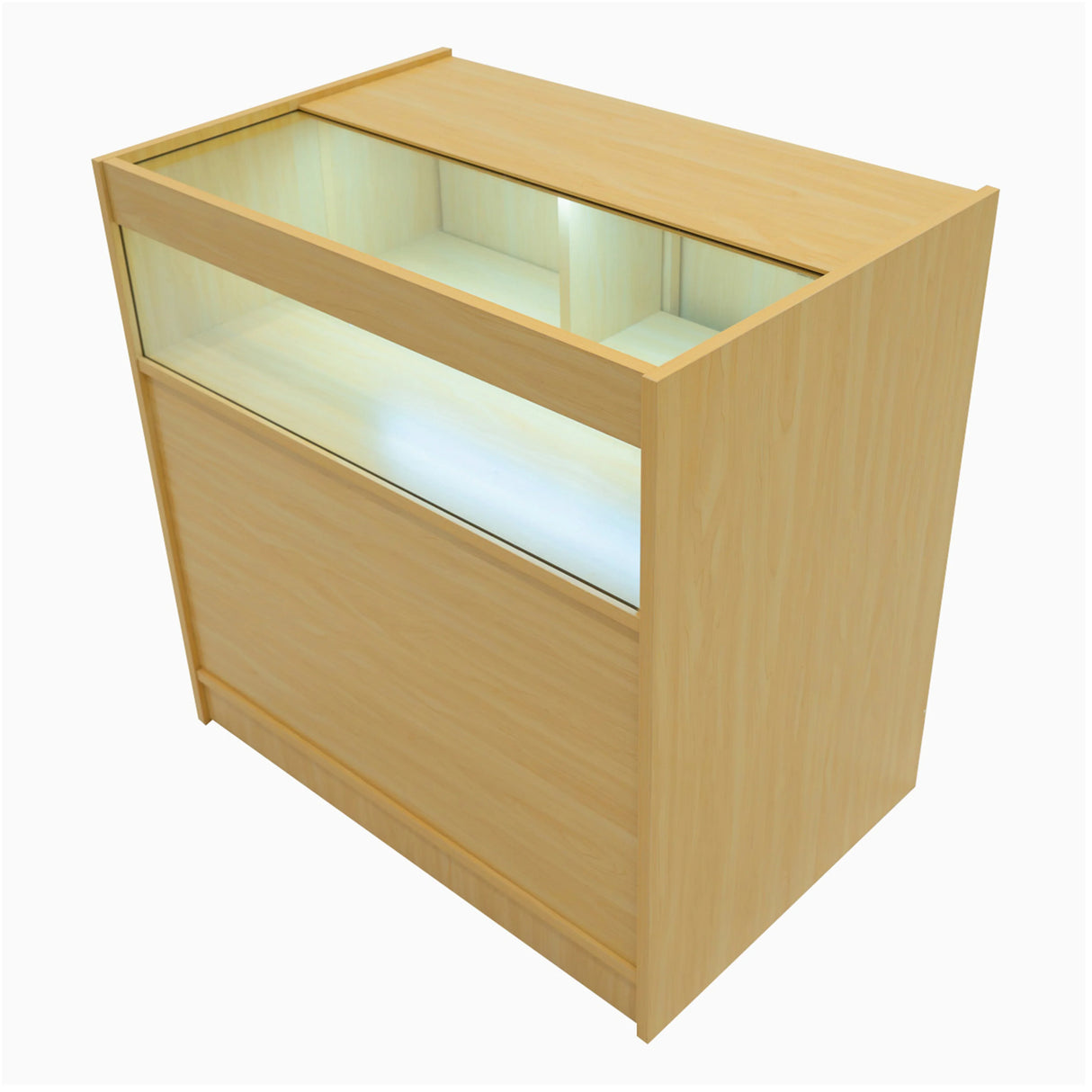 Maple wood LED shop counter set featuring a glass display top, illuminated interior, and smooth, modern design for retail use