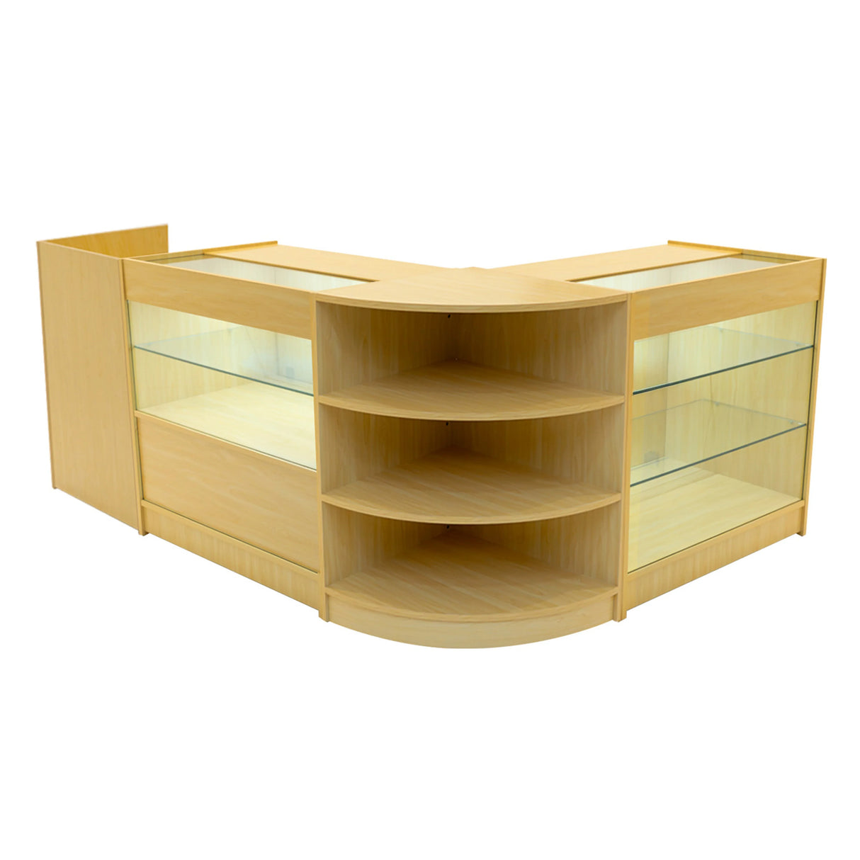 Maple LED shop counter set featuring curved shelves, glass display sections, and a sleek, modern design ideal for retail spaces