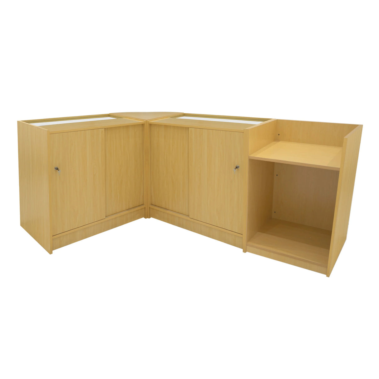 Theia LED Shop Counter Set in maple finish features a modern design with sleek lines, ample storage, and a corner configuration