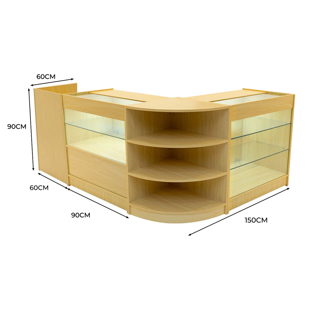 Theia LED Shop Counter Set in maple features a modern design with glass shelves, curved edges, and ample storage space for displays