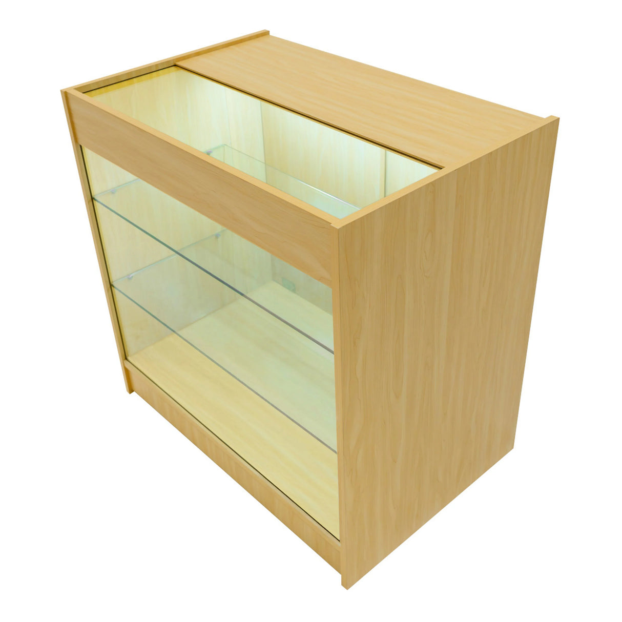 Maple LED shop counter set featuring a sleek design, glass shelves, and illuminated interior, ideal for showcasing products