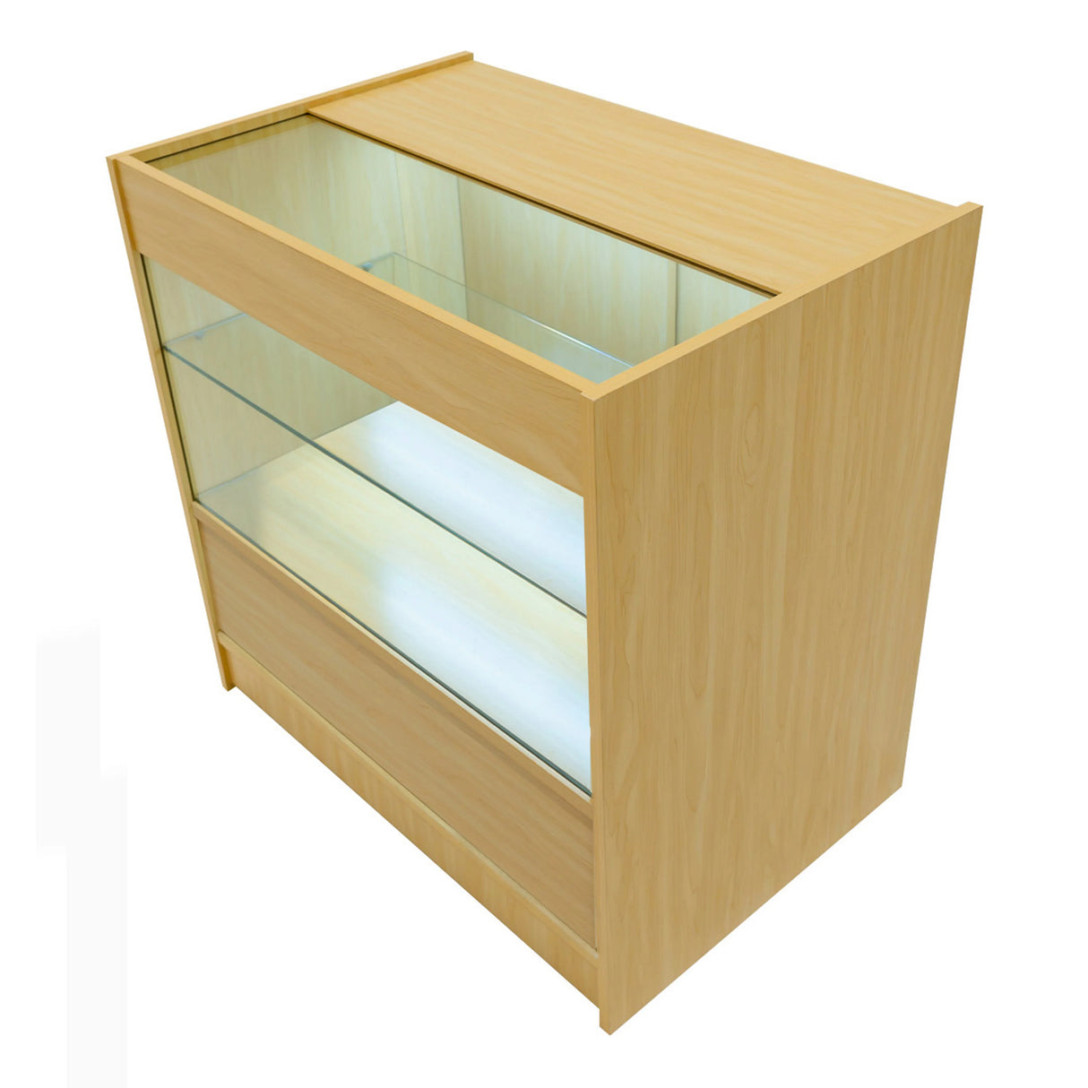 Theia LED Shop Counter Set in maple finish features a sleek design with glass display shelves and a smooth wooden exterior
