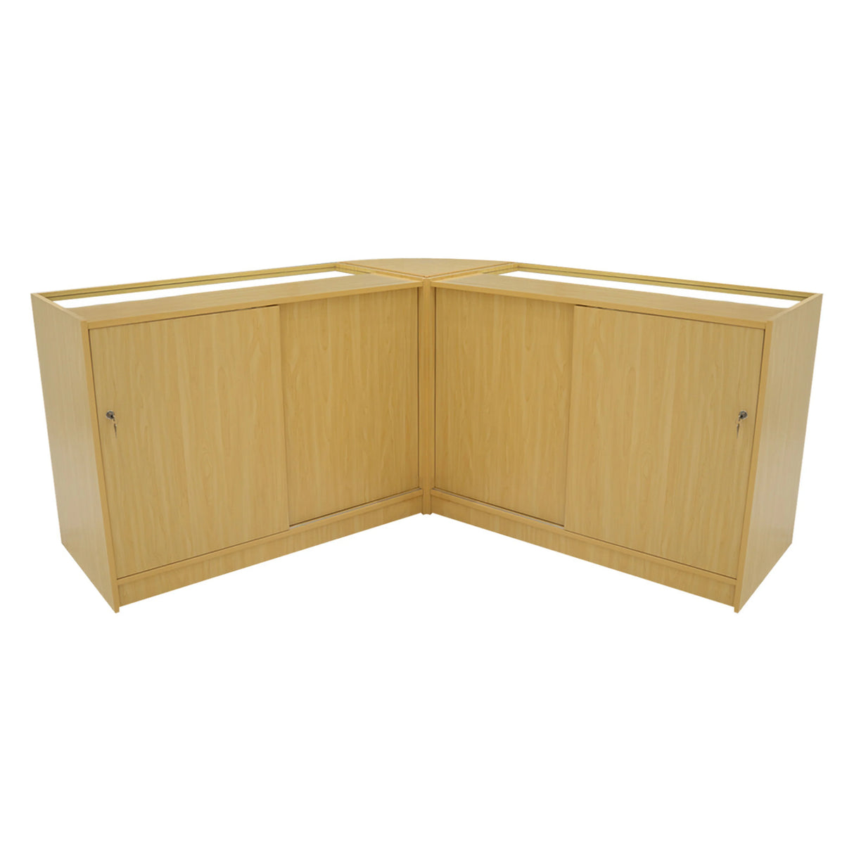 Maple Iris LED shop counter set featuring a corner design with two spacious cabinets and a smooth, light wood finish