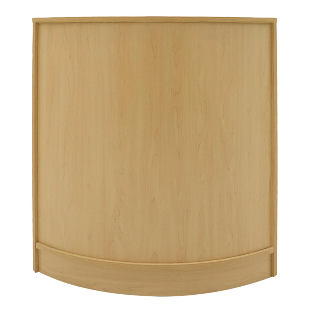 Curved maple counter with a smooth finish, designed for retail displays, featuring an integrated LED light for enhanced visibility