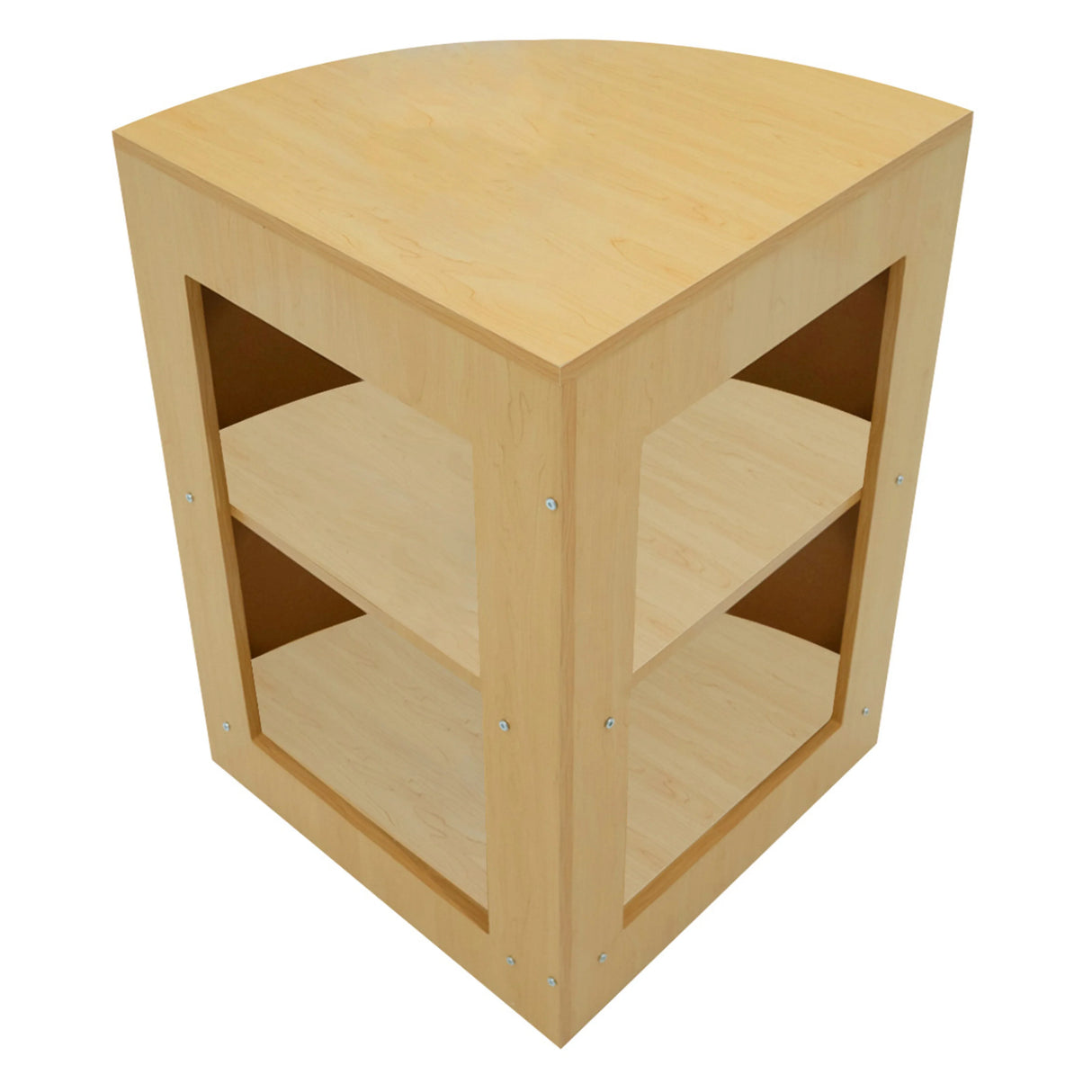 Maple Iris LED shop counter set with a curved top, featuring two open shelves and a smooth wood finish for modern retail display