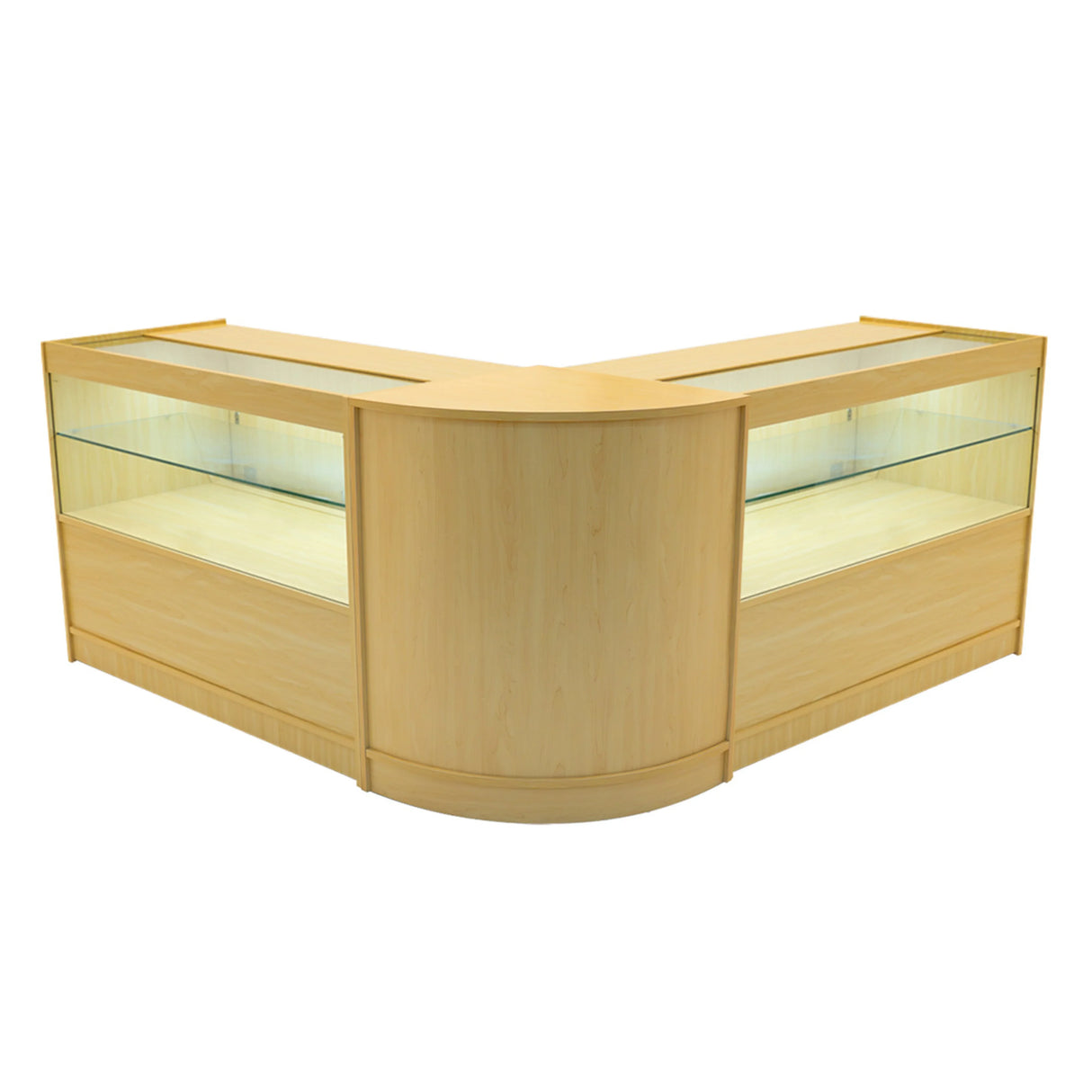 Maple Selene LED shop counter set featuring a modern design, glass display shelves, and a sleek, curved shape for retail spaces