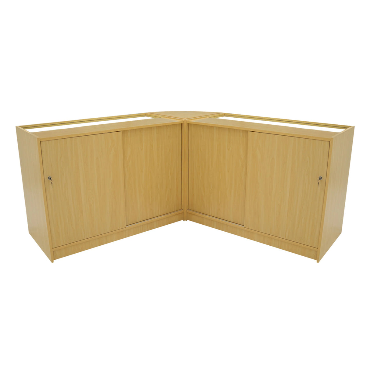 Selene LED Shop Counter Set in maple finish, featuring a sleek corner design with two spacious cabinets and glass display tops
