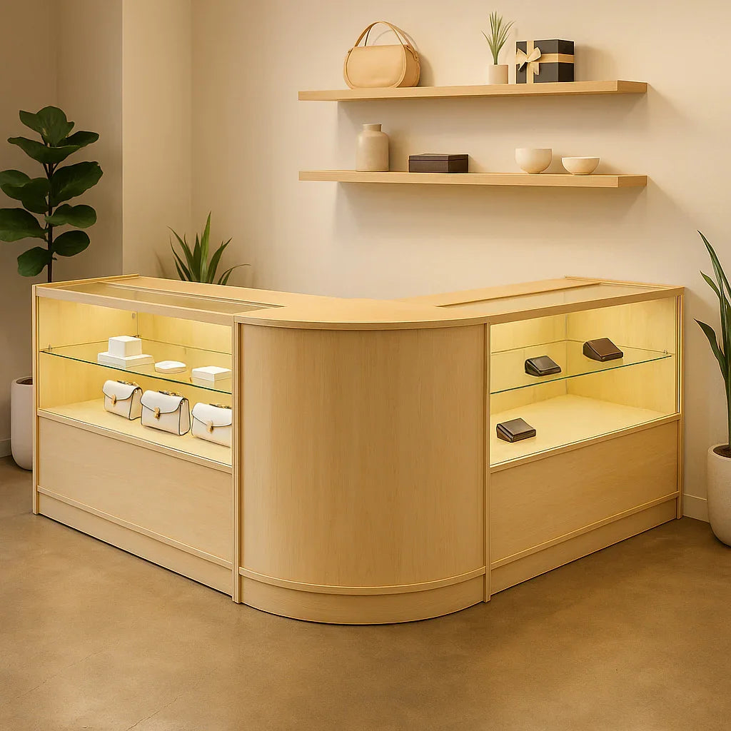 Maple Selene LED shop counter set with two display cases, showcasing elegant jewelry, soft lighting, and modern design elements