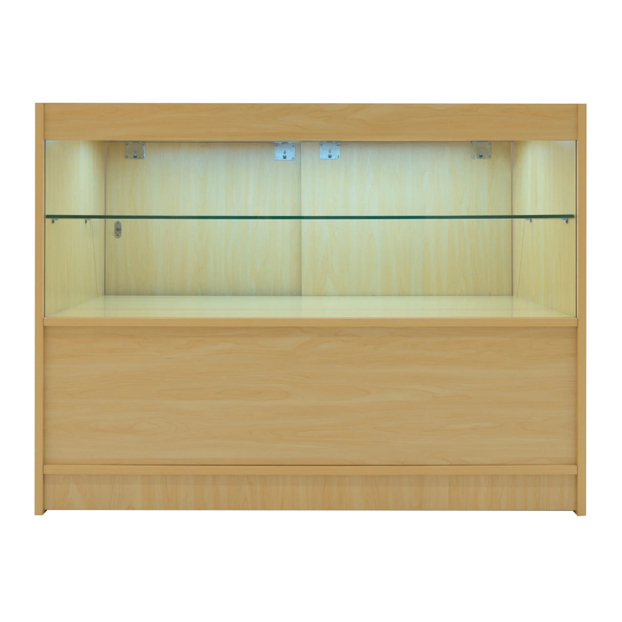Maple LED shop counter set featuring a sleek design, glass shelves, and integrated lighting for enhanced product display