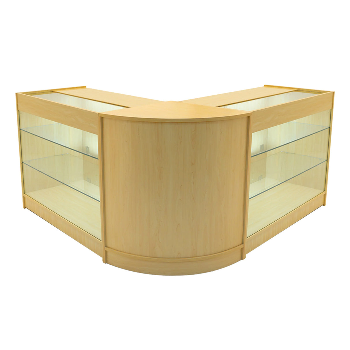 Helios LED Shop Counter Set in maple finish, featuring curved design, glass shelves, and integrated LED lighting for display