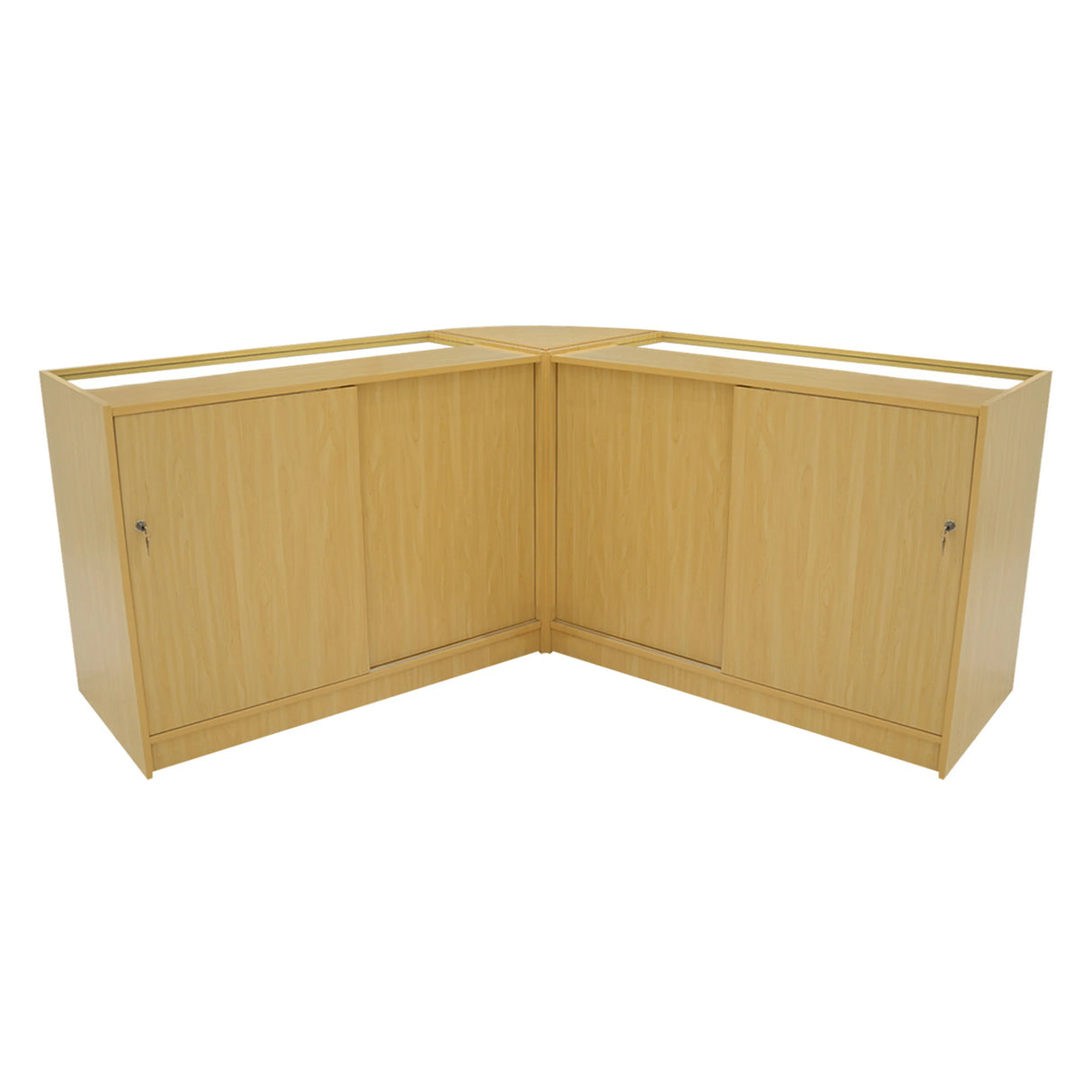 Maple Helios LED shop counter set featuring a modern design with two K1200 display units, smooth finish, and ample storage space