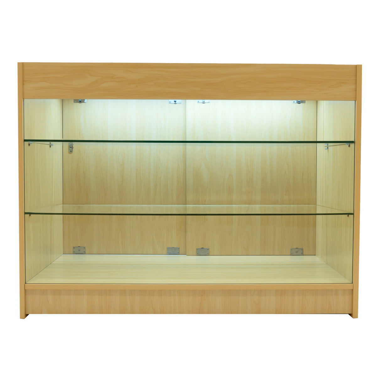 Maple Helios LED shop counter set with two K1200 shelves, featuring glass panels and soft interior lighting for display
