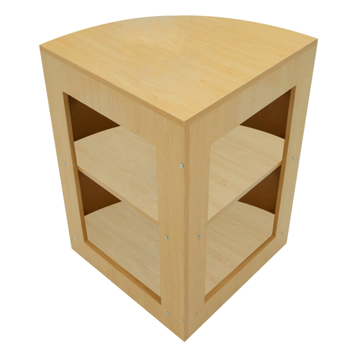 Maple Helios LED shop counter set with a curved top, two open shelves, and a smooth wood finish, ideal for retail displays