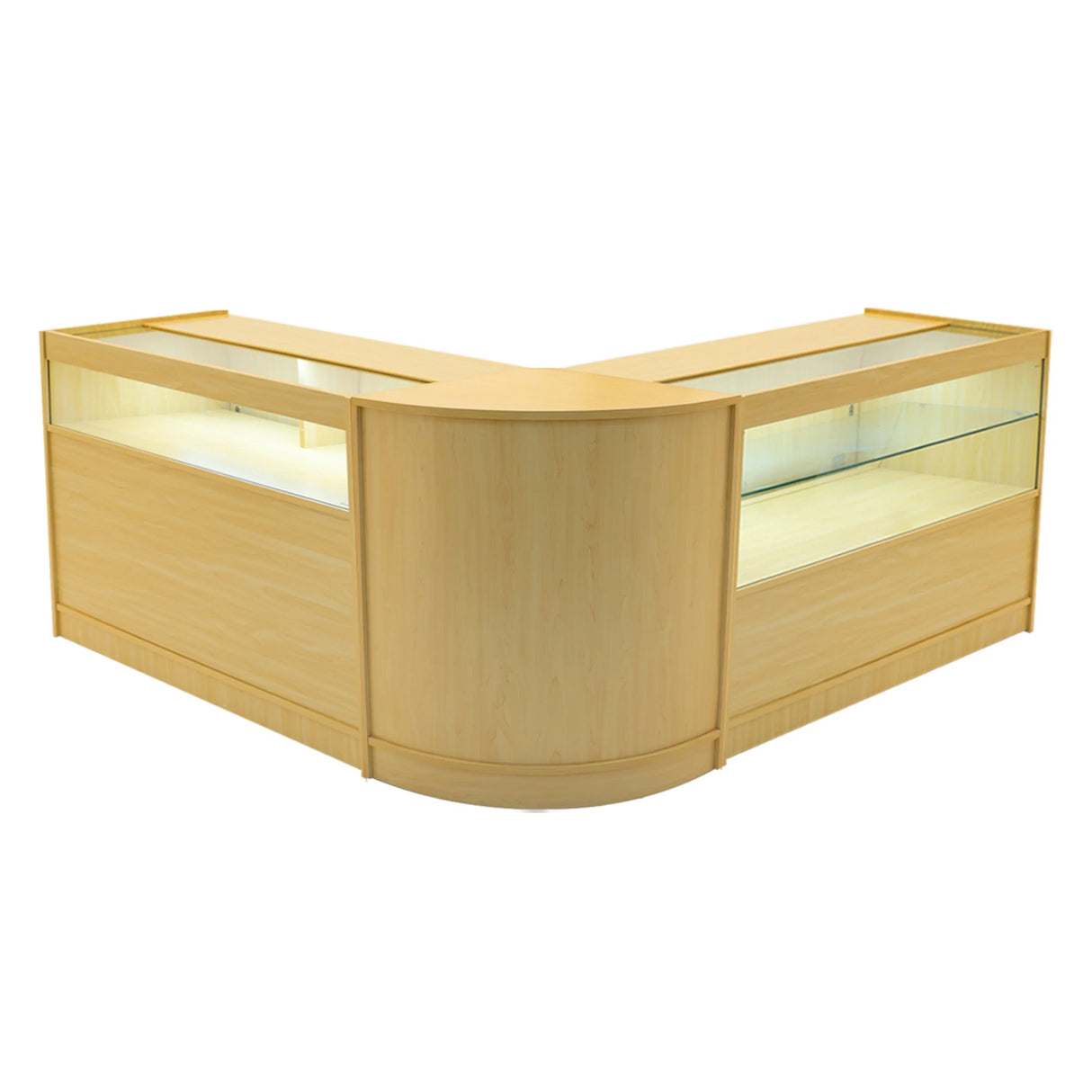 Adonis LED Shop Counter Set in maple finish, featuring a modern design with glass display areas and a sleek curved shape