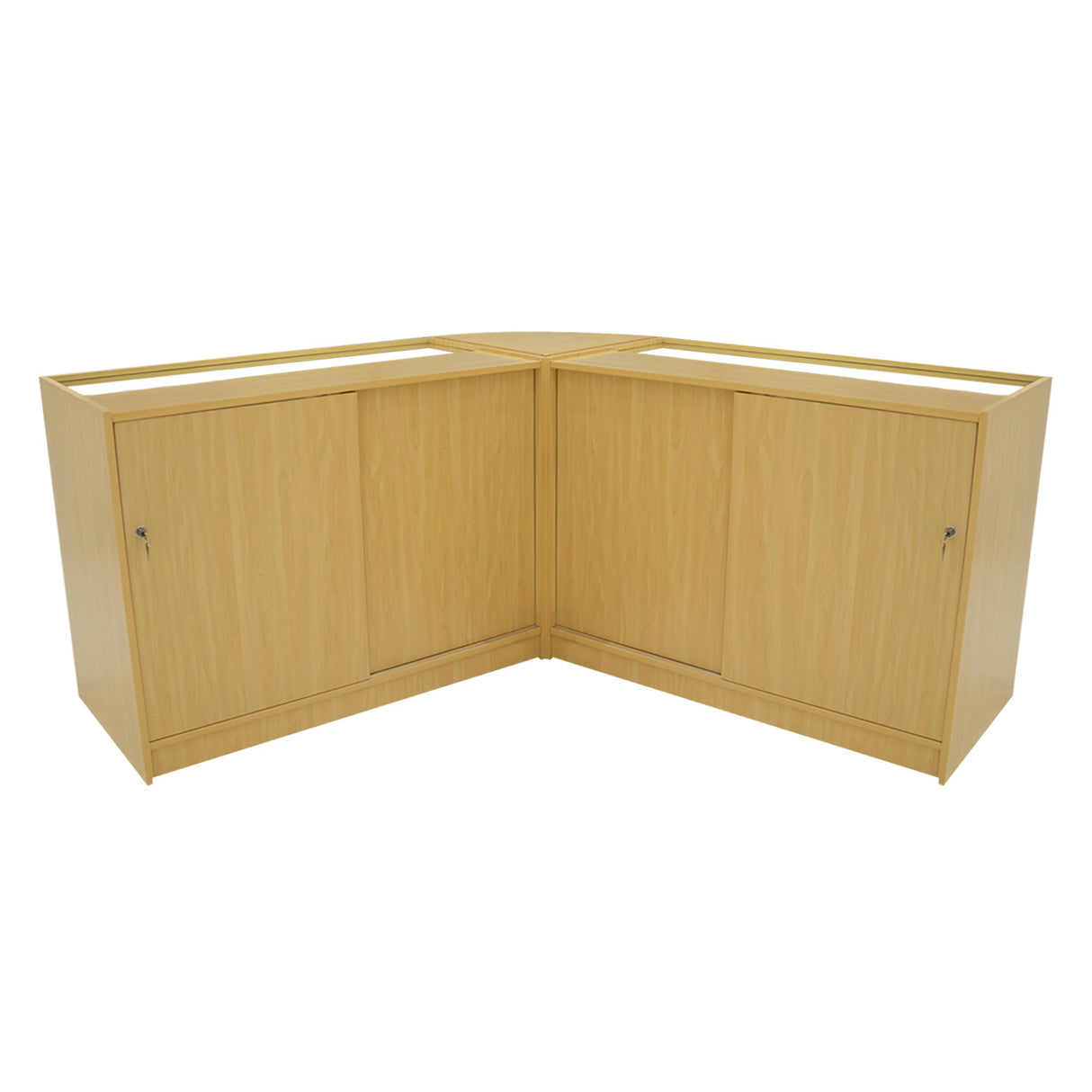 Adonis LED Shop Counter Set in maple finish, featuring a modern corner design with sleek lines and spacious storage cabinets