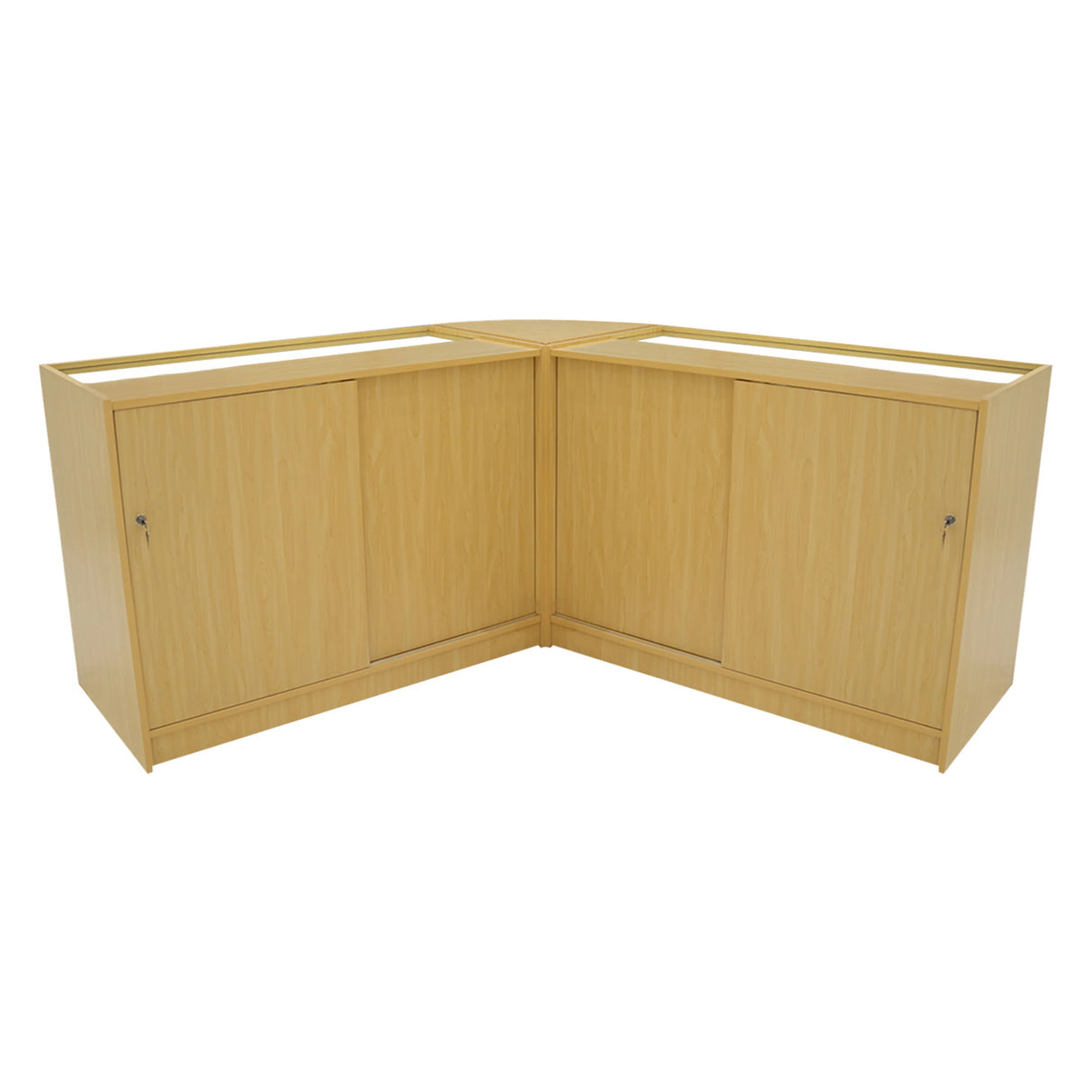 Triton LED Shop Counter Set in maple finish, featuring a corner design with sleek doors and a smooth, textured surface