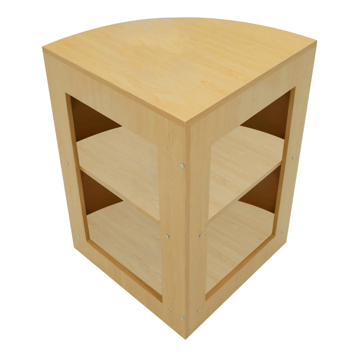 Triton LED Shop Counter Set in maple finish, featuring a curved top, open shelving, and a sleek, modern design for retail spaces