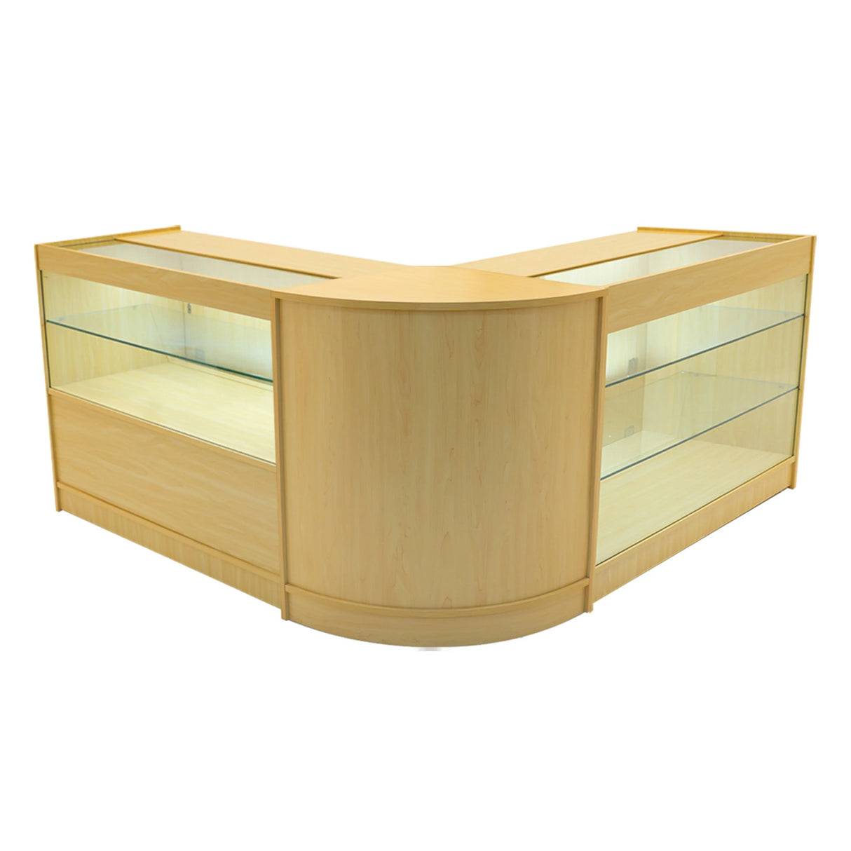 Hera LED Shop Counter Set in maple finish, featuring a modern curved design with glass display shelves and integrated lighting