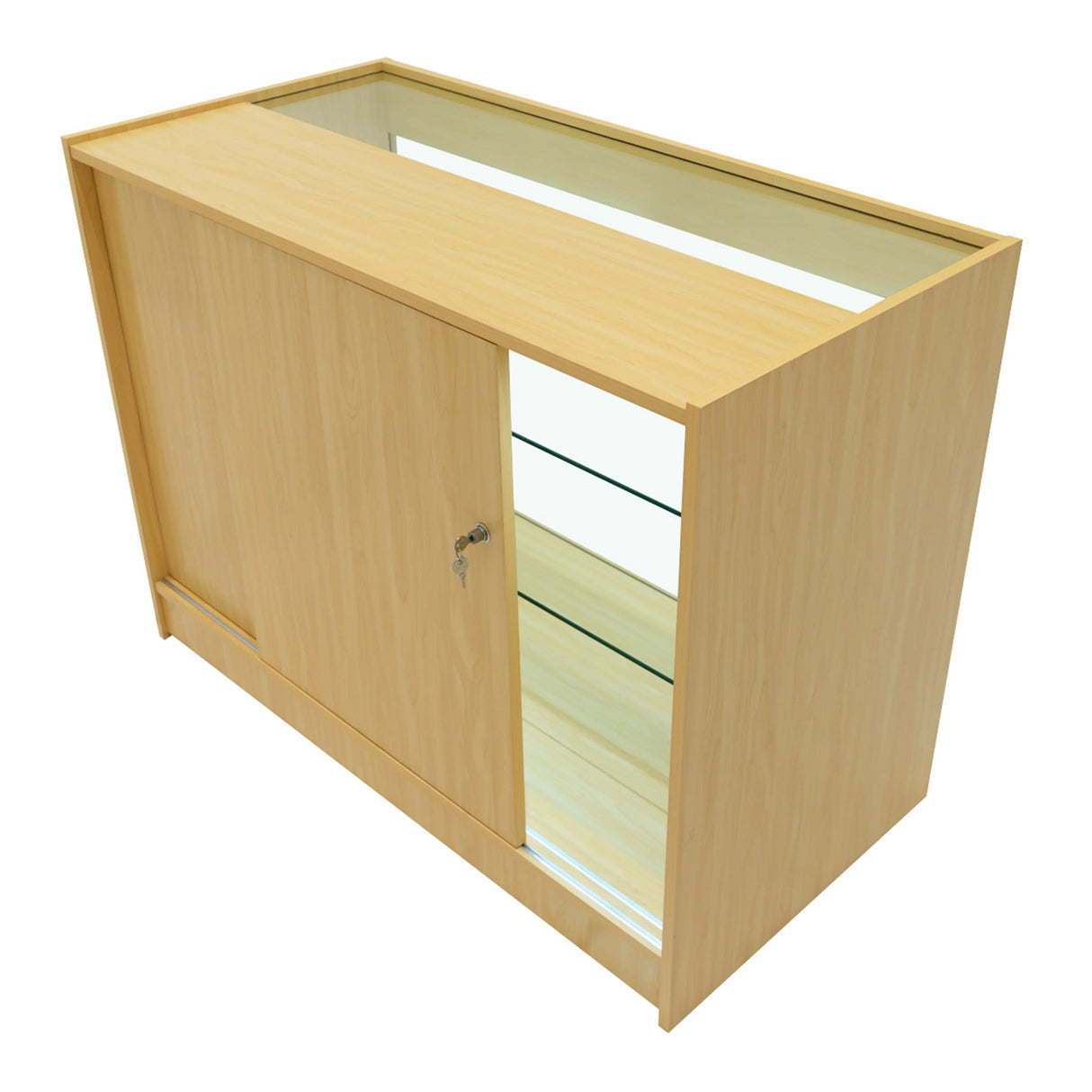 Hera LED Shop Counter Set in maple finish, featuring a sleek design, glass shelves, and a sliding door for easy access