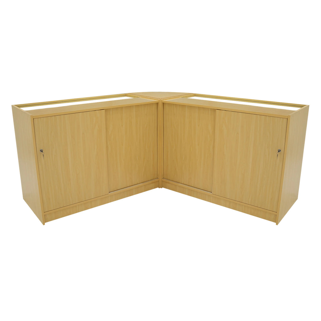 Hera LED Shop Counter Set in maple finish features a sleek, corner design with smooth surfaces and spacious storage cabinets