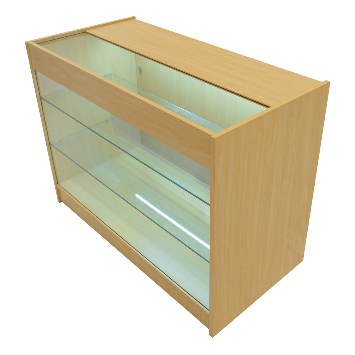 Hera LED Shop Counter Set in maple finish features a sleek design with glass shelves and integrated lighting for display
