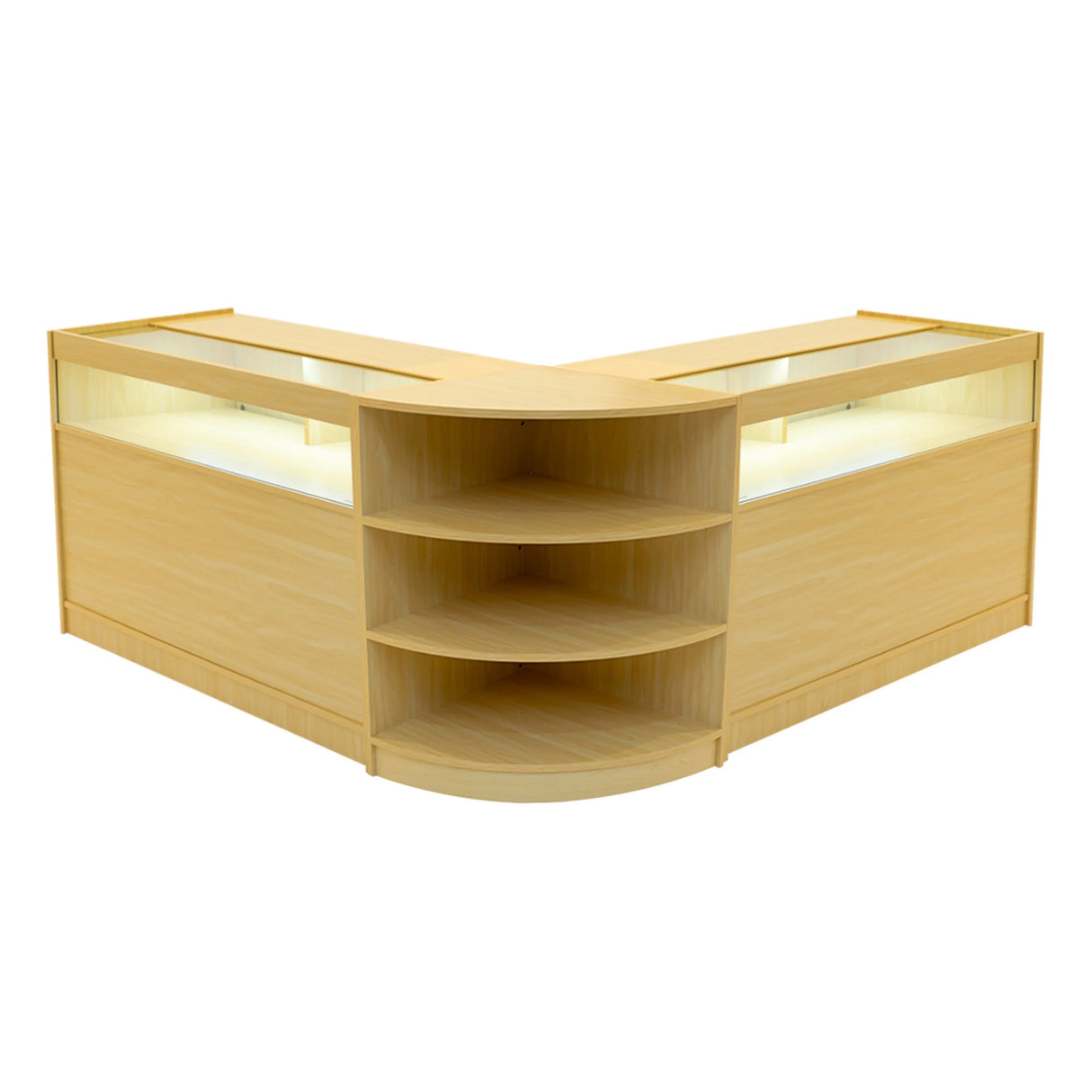 Theseus LED shop counter set in maple finish, featuring a modern design with curved shelves and integrated lighting for display