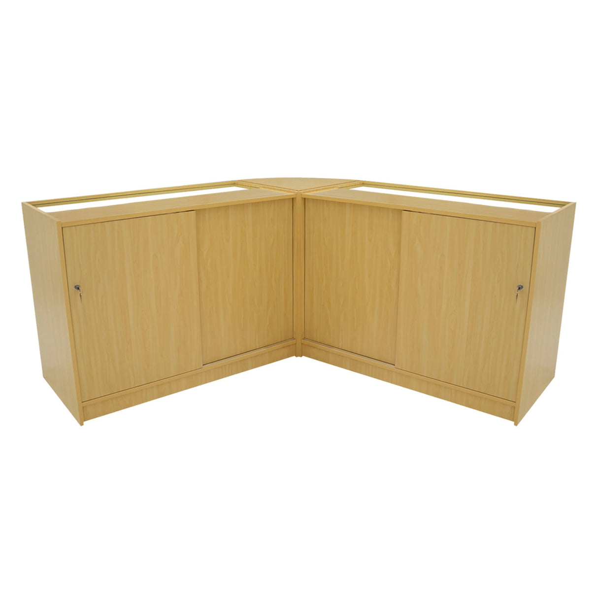Theseus LED shop counter set in maple finish, featuring a modern design with sleek lines and spacious storage cabinets