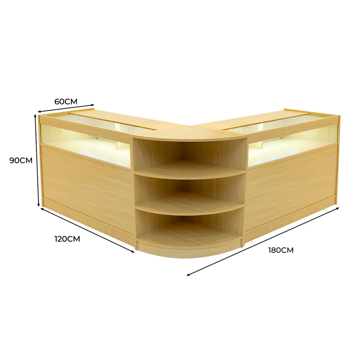 Theseus LED shop counter set in maple, featuring a modern L-shape design, illuminated display areas, and ample storage shelves